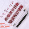 A box of red rhinestones, a point drill pen, and tweezers are displayed on a white background.