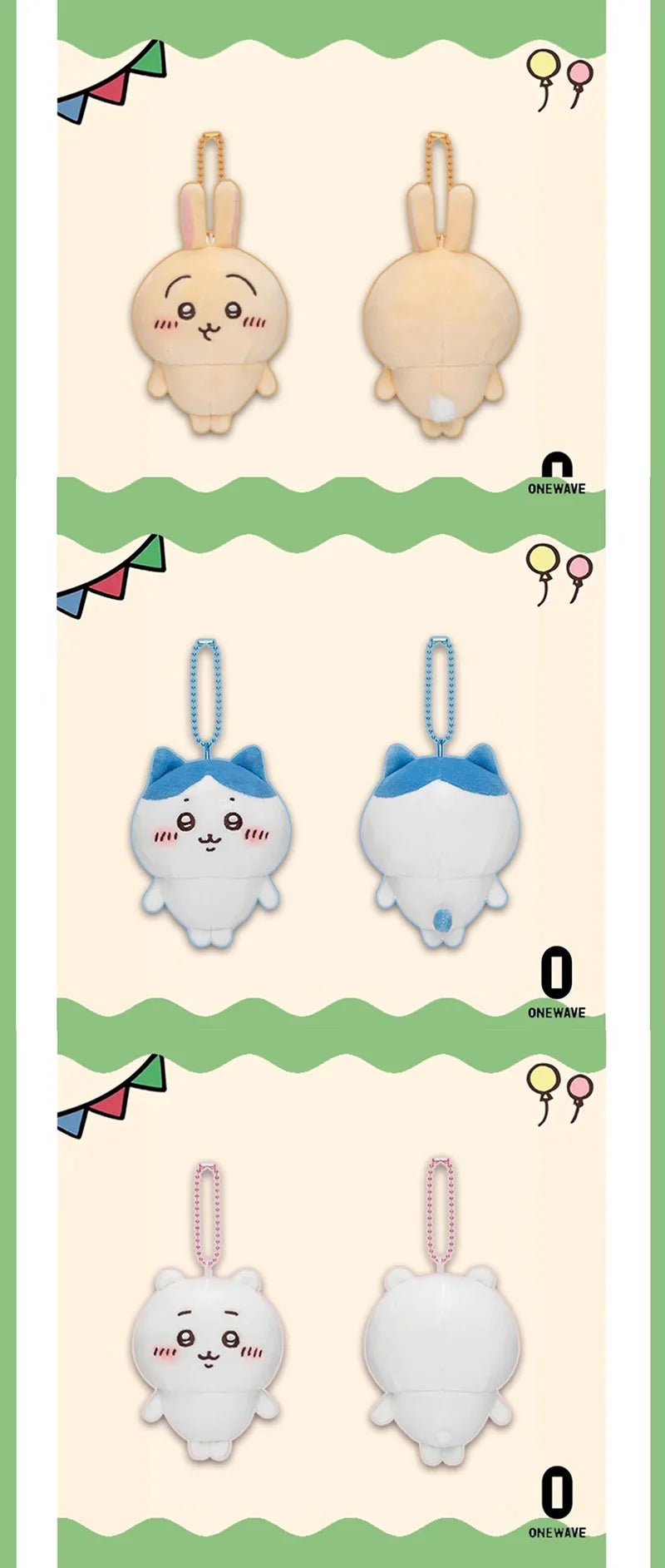 A collection of soft, cute plush keychain charms featuring the Chiikawa Usagi character in various pastel colors and shapes.