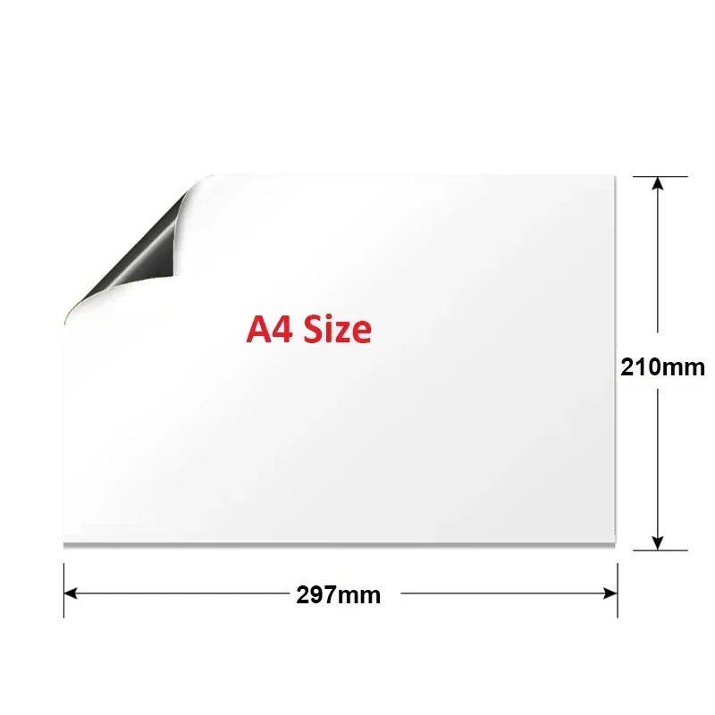 A white A4 size flexible magnetic dry erase board for the refrigerator.