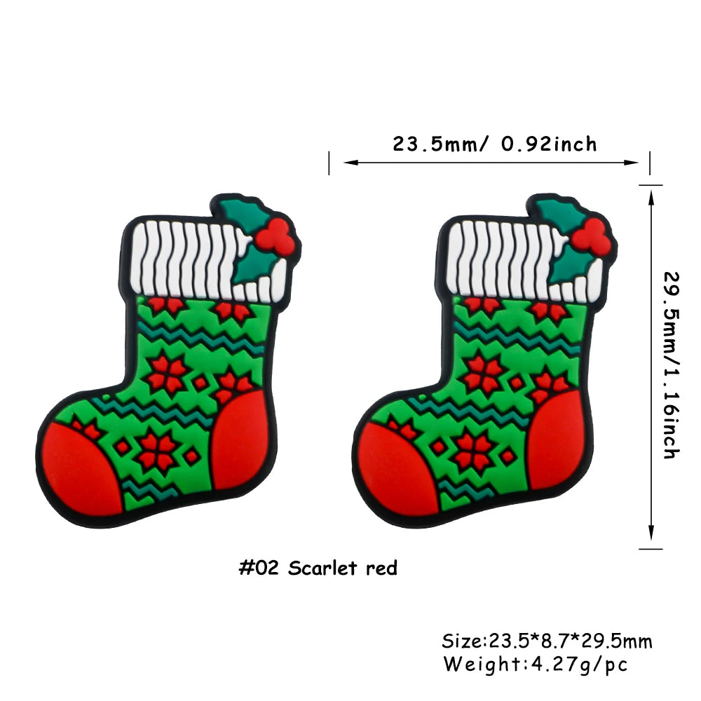 Scarlet red festive Christmas silicone beads shaped like socks for jewelry making