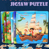 A box of a wooden 20-piece jigsaw puzzle featuring a pirate ship with figures and sea animals.