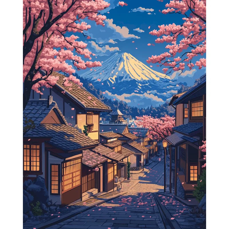A painting of a purple landscape featuring pink cherry blossoms and Mount Fuji under a blue sky.