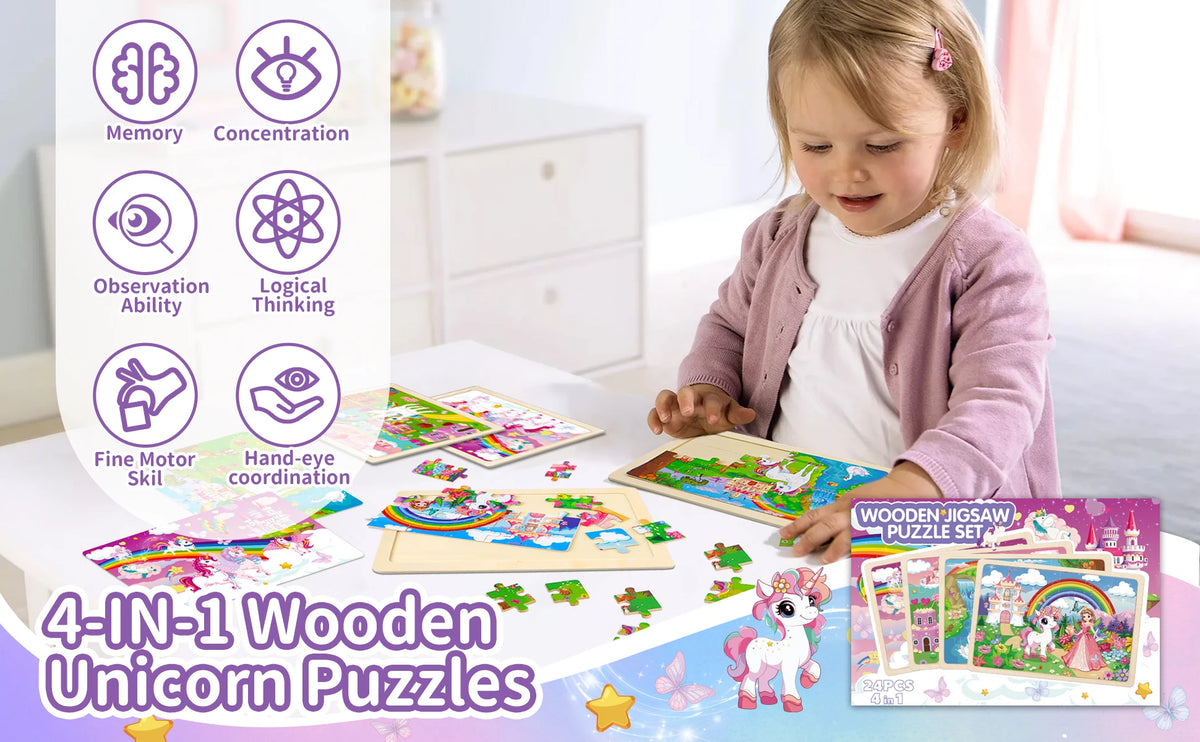 A child is playing with a set of four wooden unicorn jigsaw puzzles for toddlers.