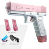 A pink and silver water blaster gun is shown with spare tanks and a USB charging cable.