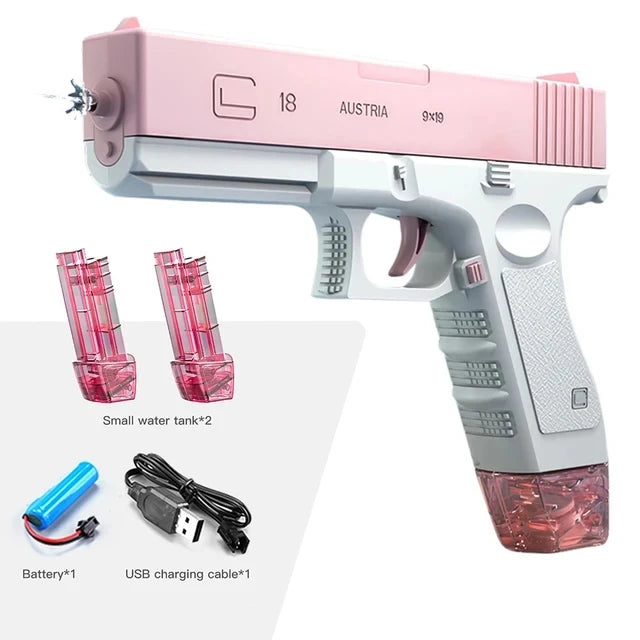 A pink and silver water blaster gun is shown with spare tanks and a USB charging cable.