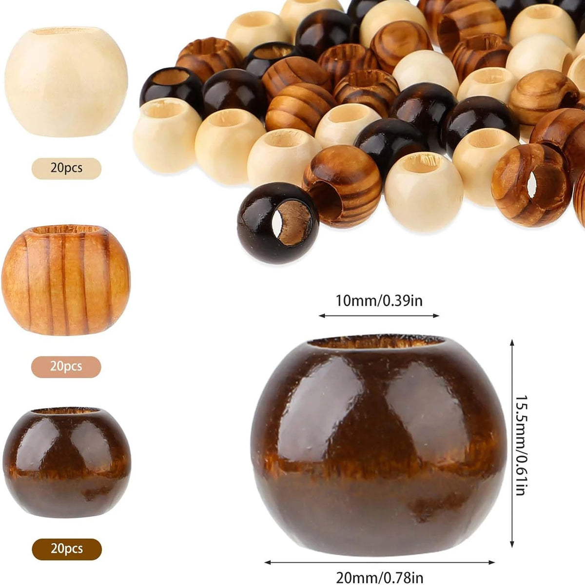 A collection of natural wooden spacer beads in various shapes and shades, including round, oval, and barrel-shaped pieces.