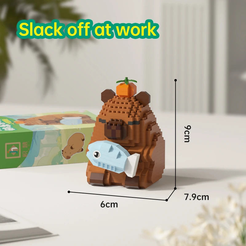 A wooden building block model of a bear with an orange fruit on its head, next to a fish, used as a DIY kit.