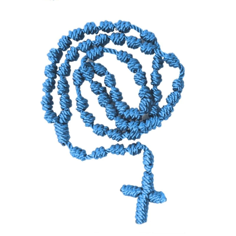 Handmade knotted blue cord rosary necklace with a cross charm