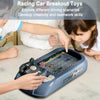 Children interacting with a blue racing car breakout toy steering wheel driving game
