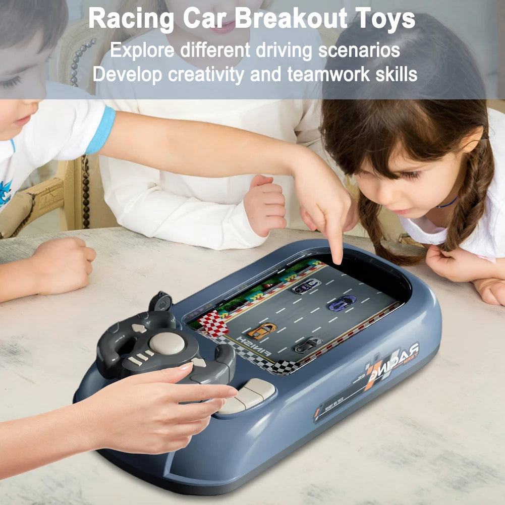 Children interacting with a blue racing car breakout toy steering wheel driving game
