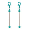 A pair of metal keychain bars with lobster clasps for DIY jewelry making, colored teal or turquoise.