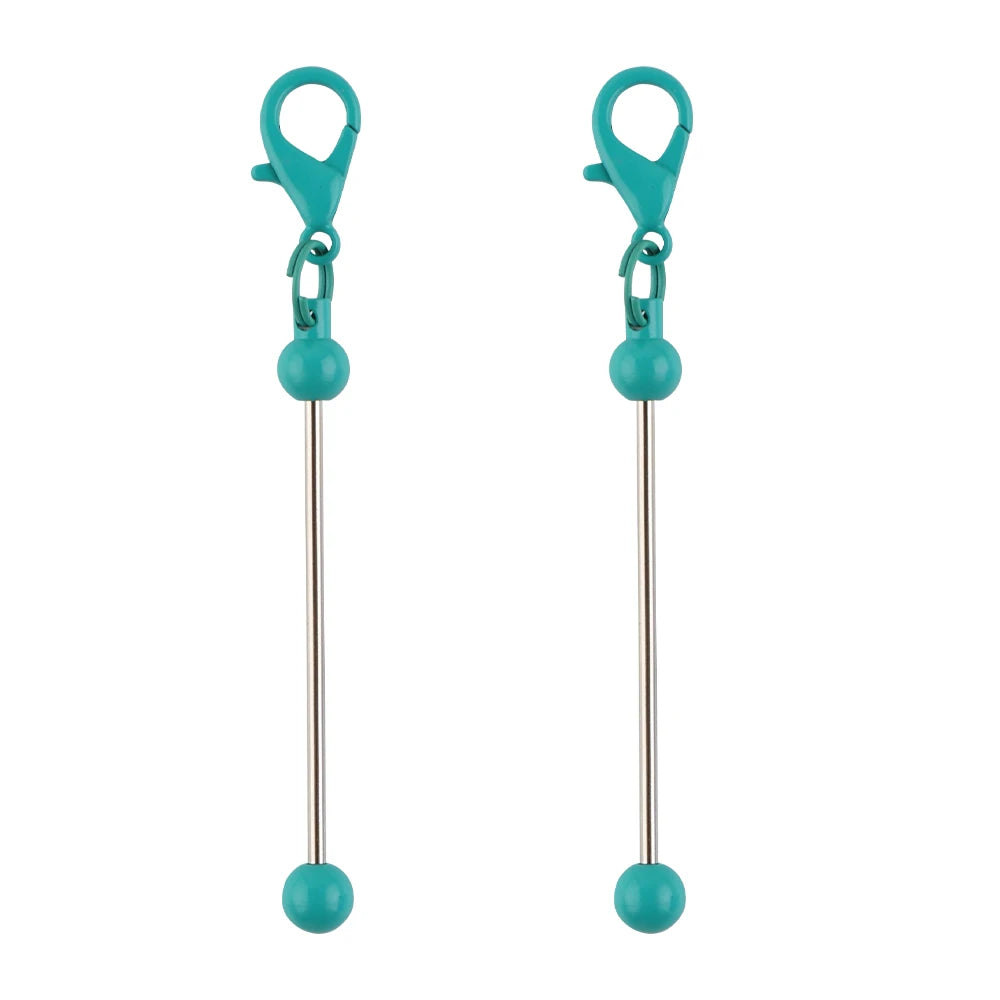 A pair of metal keychain bars with lobster clasps for DIY jewelry making, colored teal or turquoise.