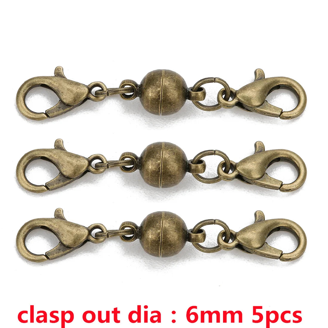 Five brass magnetic clasps for jewelry making, featuring a clasp out diameter of 6mm.