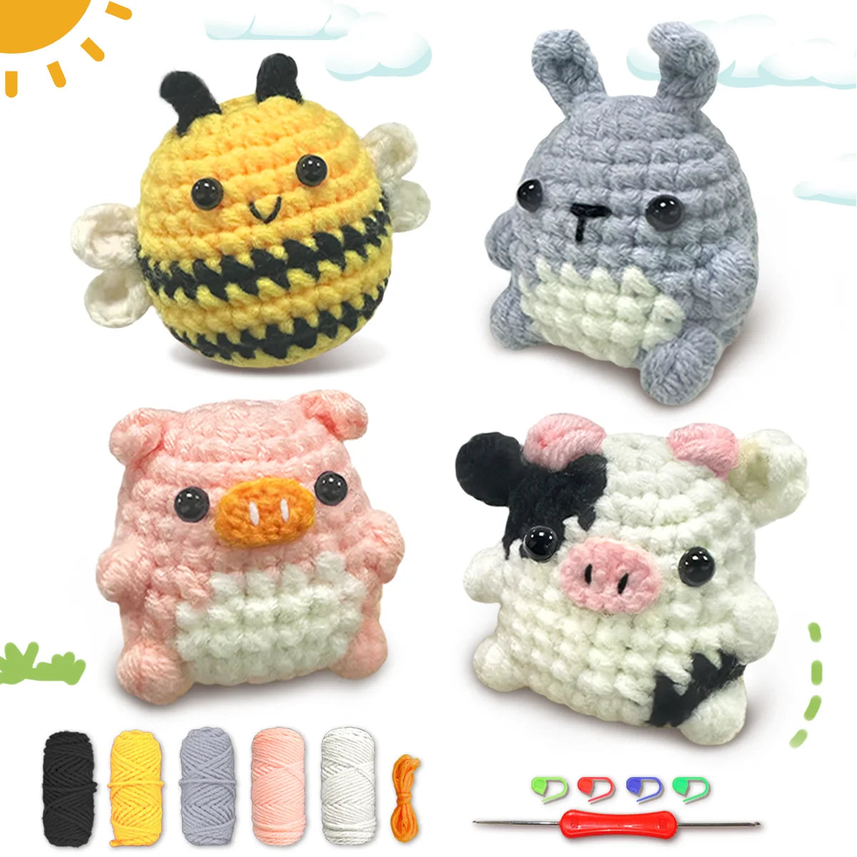 A beginner crochet kit for amigurumi animals featuring a bee, a rabbit, and a pig in various yarn colors.