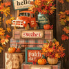 A rustic scene featuring various pumpkins, autumn leaves, and a vintage red car arranged on wooden crates.