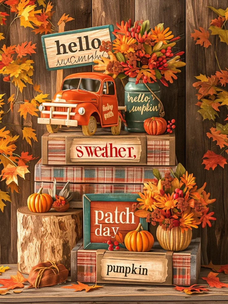 A rustic scene featuring various pumpkins, autumn leaves, and a vintage red car arranged on wooden crates.