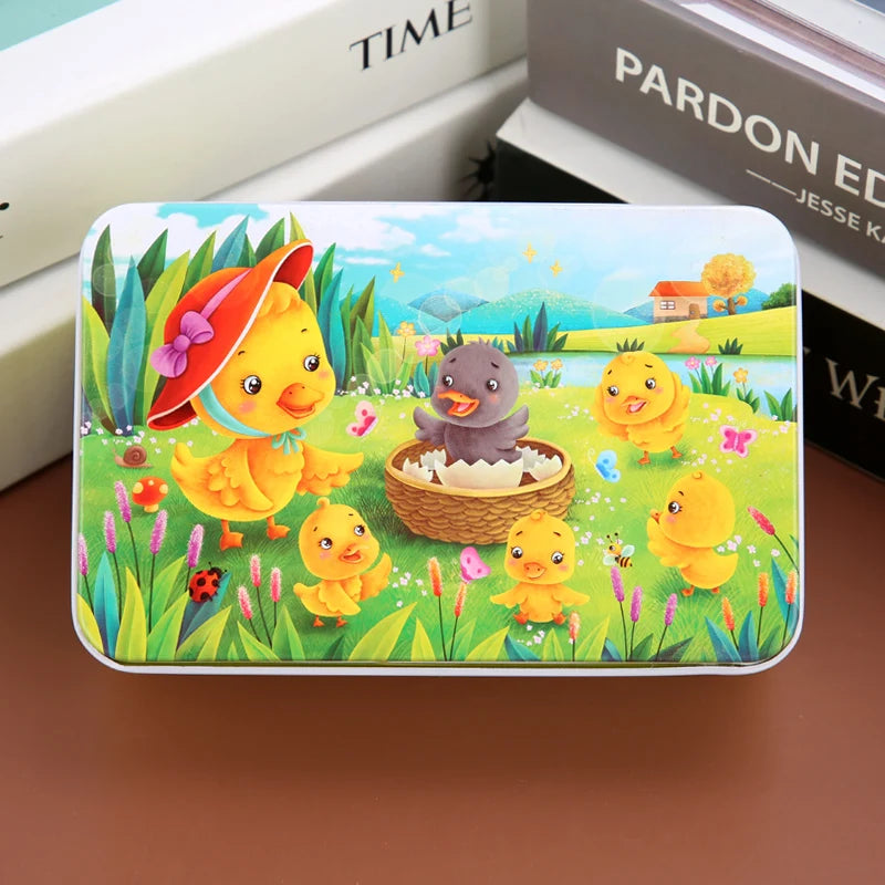 A colorful jigsaw puzzle featuring various wooden animals and vehicles for kids.