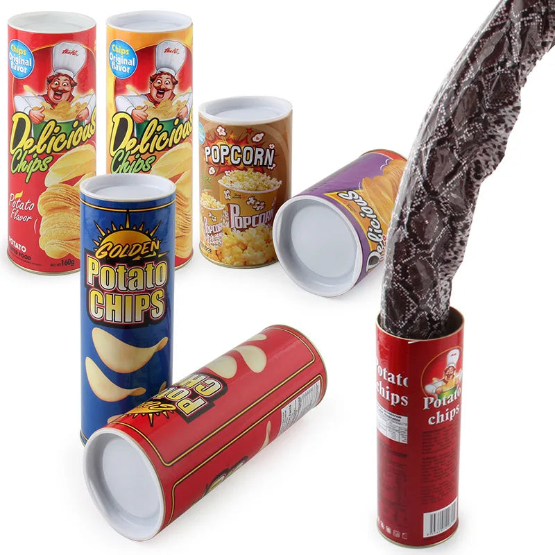 A collection of potato chips in various cans and a snake-shaped prank toy