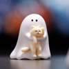 A white ghost-shaped collectible figurine of a cat is shown against a dark background.
