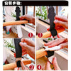 Four steps demonstrating how to install rotatable PU leather stroller organizer hooks onto a wooden bar.