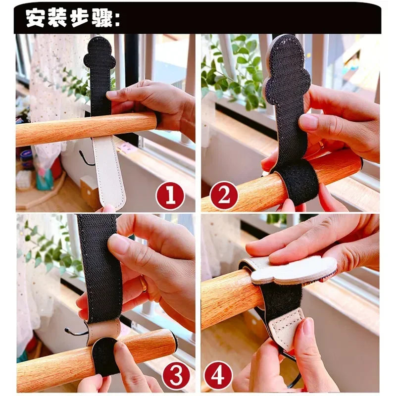 Four steps demonstrating how to install rotatable PU leather stroller organizer hooks onto a wooden bar.