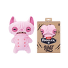 A pink Fuggler Alley Cat Wrinkle McStinkles plush toy with large eyes and pink ears displayed next to its packaging box.