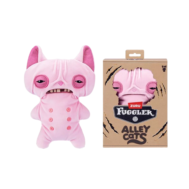 A pink Fuggler Alley Cat Wrinkle McStinkles plush toy with large eyes and pink ears displayed next to its packaging box.