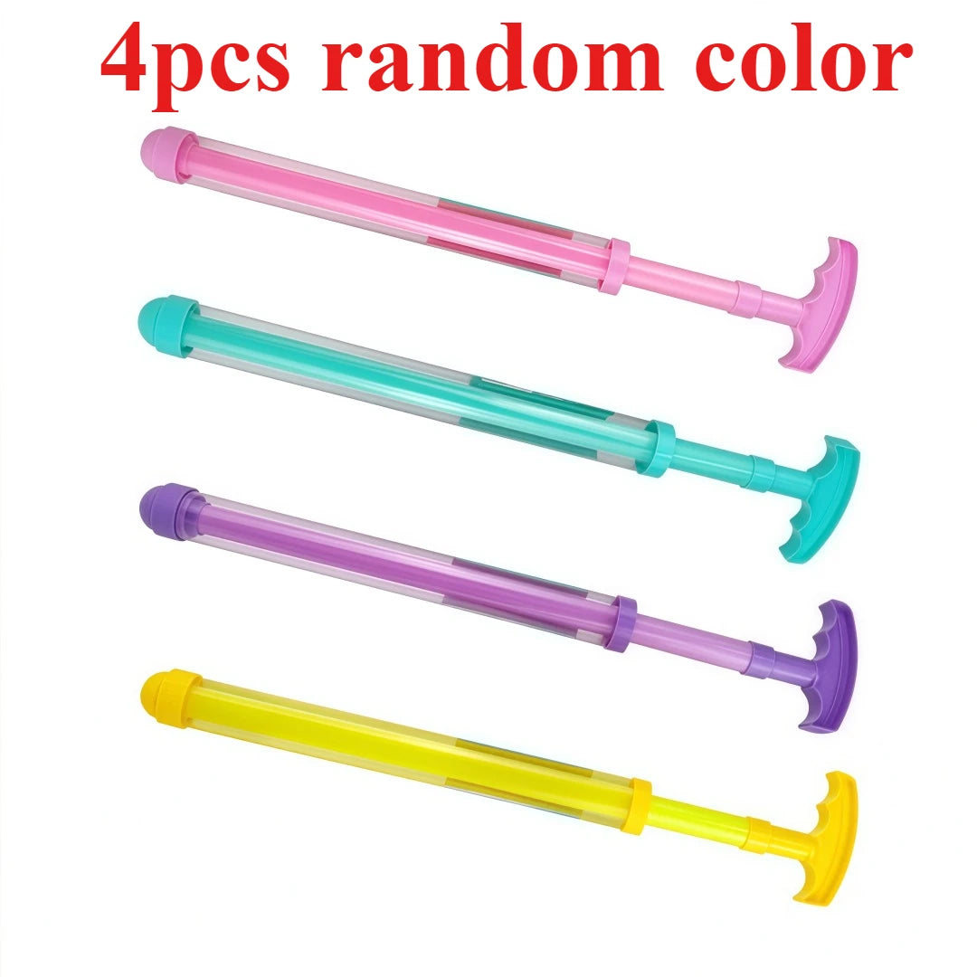 Four random colored water spray toys for kids displayed horizontally.