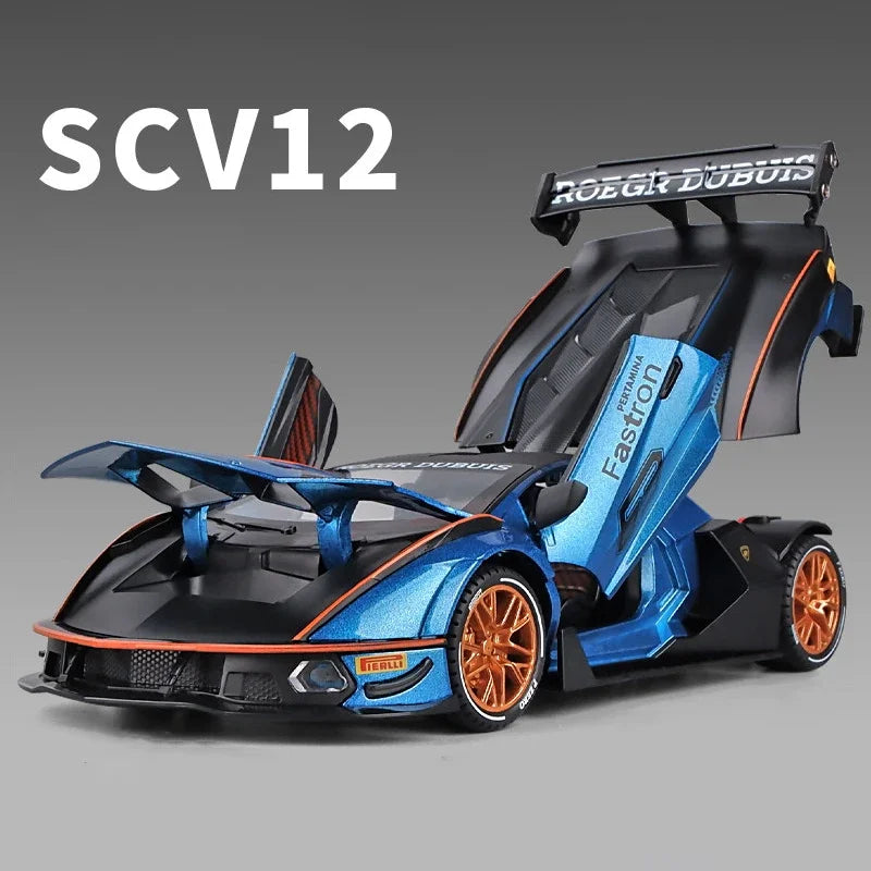 A blue Lamborghini Essenza SCV12 diecast model car with black and orange accents displayed on a gray background.