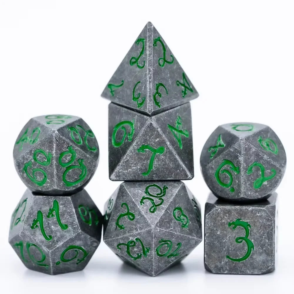 Premium Metal Polyhedral Dice Set with Dragon Font