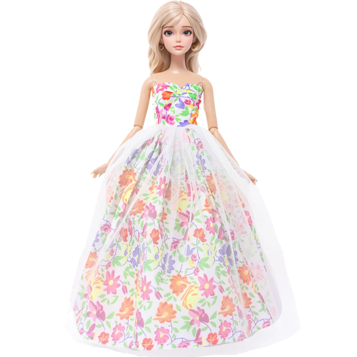 A blonde doll wearing an elegant evening gown with a floral print skirt.