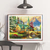 Diamond painting of a scenic forest house with a green roof and an arched bridge reflecting in water.