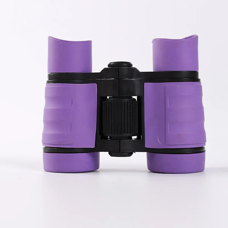 Purple kids binoculars with black casing and ribbed lenses for birdwatching