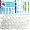 A set of modular diamond painting organizers featuring 38 slots and dot pens, including various colored plastic tools.