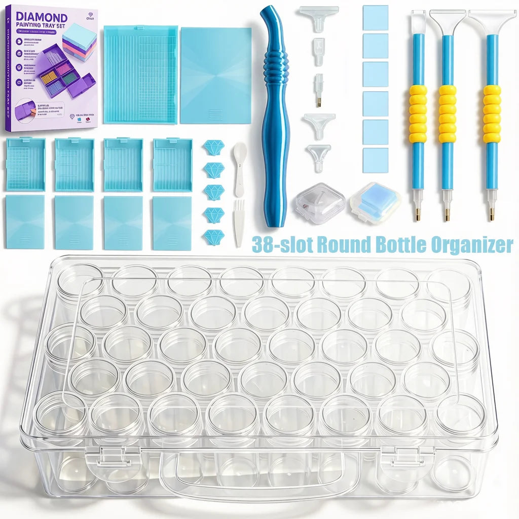 A set of modular diamond painting organizers featuring 38 slots and dot pens, including various colored plastic tools.