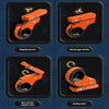 Four views of an orange magnetic fidget card with a spinner used for stress relief and simulating an upper chamber.