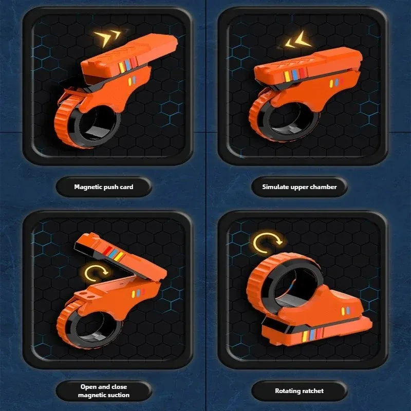 Four views of an orange magnetic fidget card with a spinner used for stress relief and simulating an upper chamber.