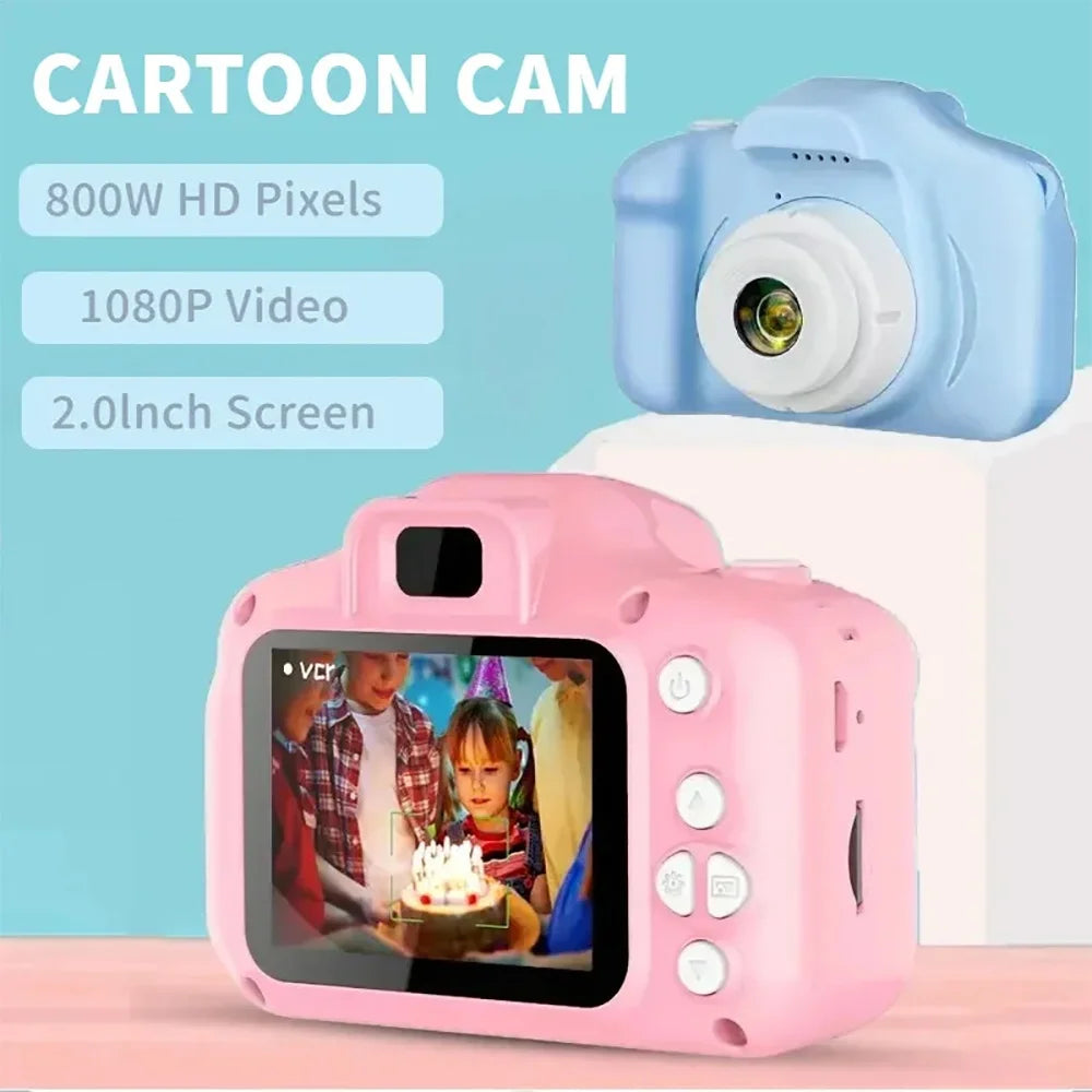 A pink digital camera is shown next to a blue cartoon cam, highlighting its features like 800W HD pixels and a 2.0inch screen