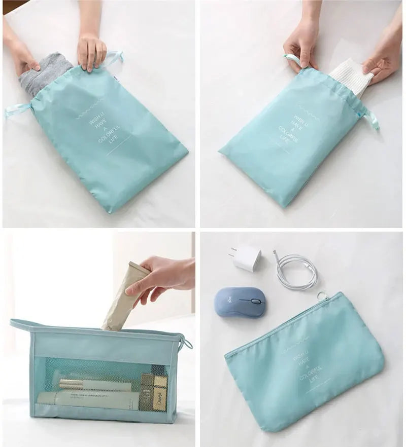 A set of light blue travel packing cubes and a storage bag are shown being handled by hands.