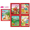 A set of four pages from a magic water coloring book featuring colorful dinosaurs and jungle scenes.