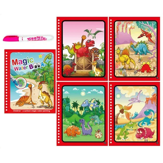 A set of four pages from a magic water coloring book featuring colorful dinosaurs and jungle scenes.