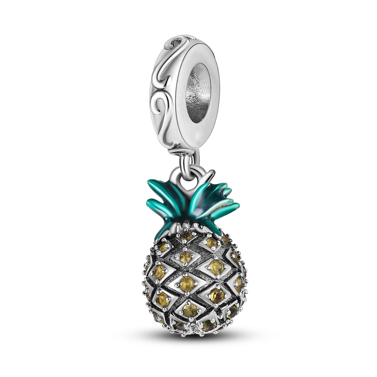 A silver fruit charm bead featuring a pineapple design with green leaves and yellow zircon accents.
