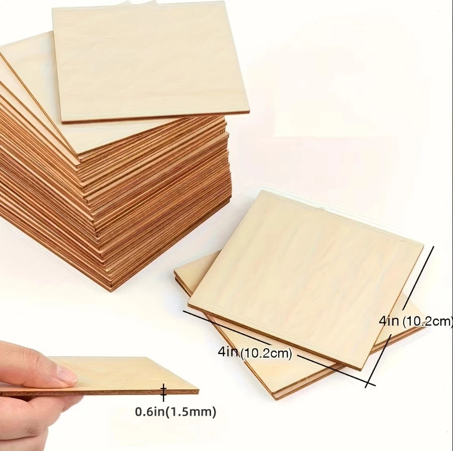 A stack of ten unfinished light wood squares for crafting, with a hand holding a single square.