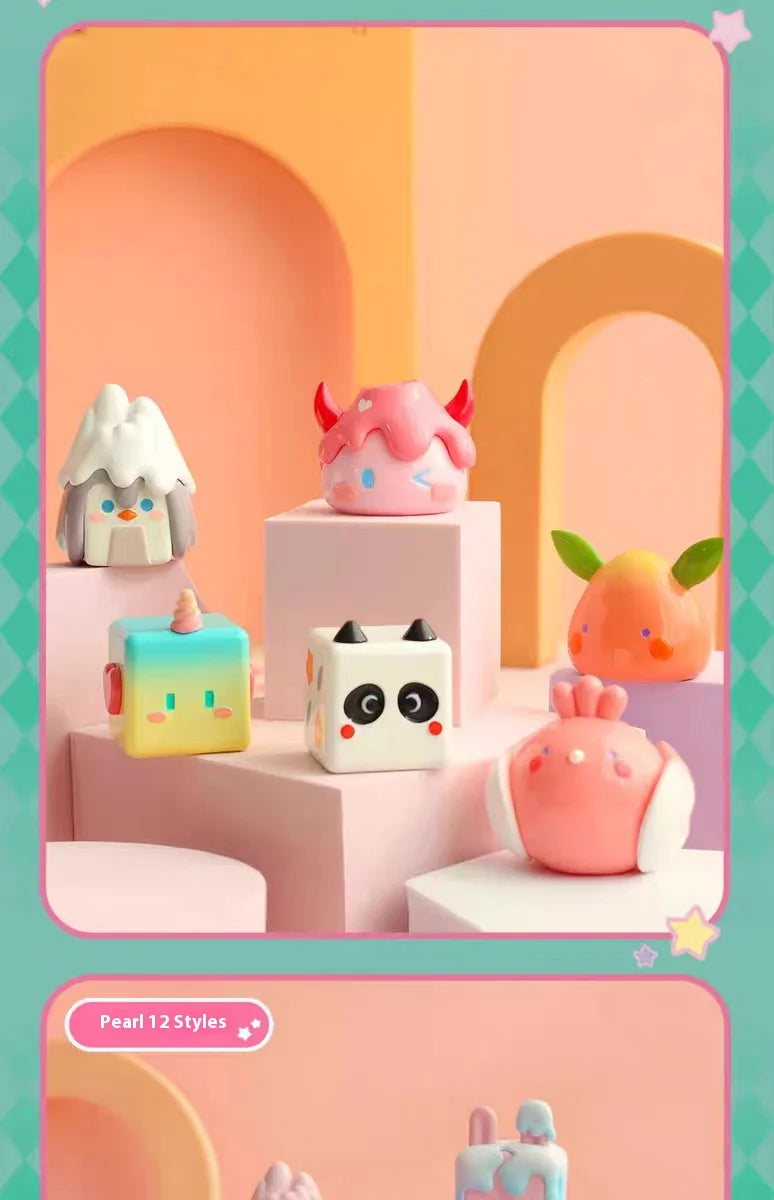 A collection of pink and white geometric monster mini bean blind box vinyl figures displayed on a light pink background.
