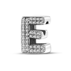 A sterling silver alphabet charm bead shaped like the letter E, encrusted with cubic zirconia stones.