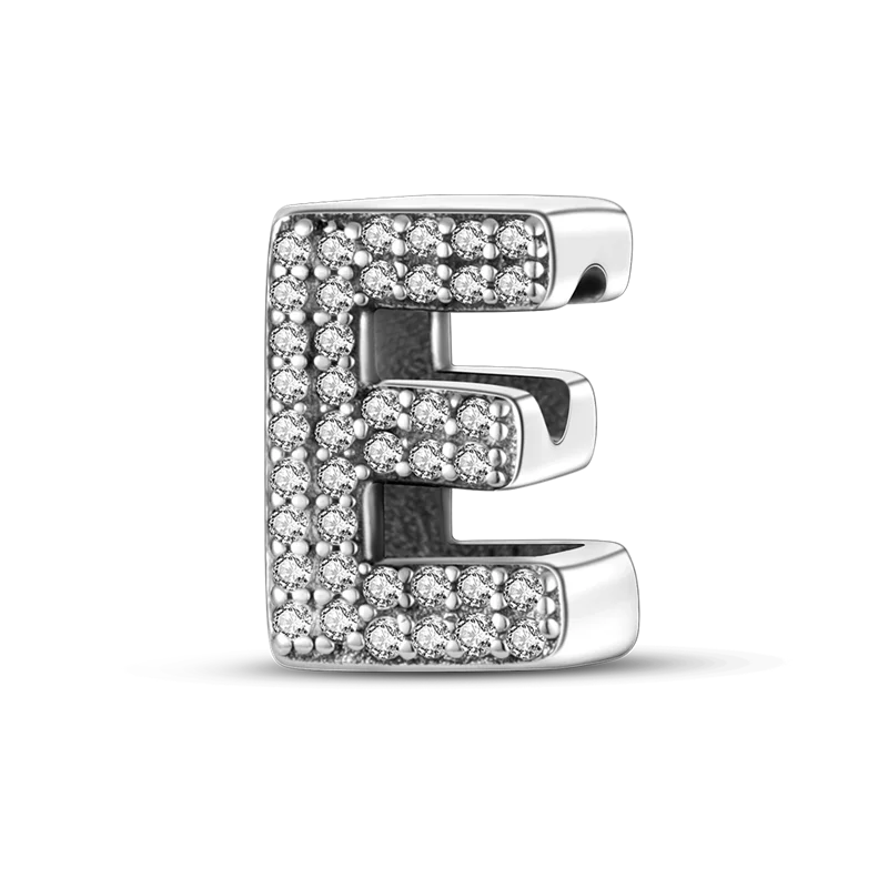 A sterling silver alphabet charm bead shaped like the letter E, encrusted with cubic zirconia stones.