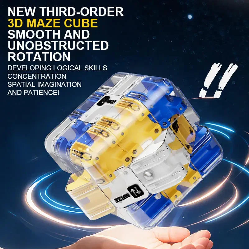 A clear and yellow 3D maze cube puzzle ball is shown being held in a hand against a dark blue background.