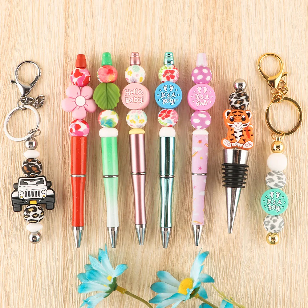A collection of colorful printable silicone beads in various shapes and colors arranged for jewelry making.