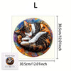 An oval wooden jigsaw puzzle depicting a tabby cat sleeping, with difficulty level 5A.