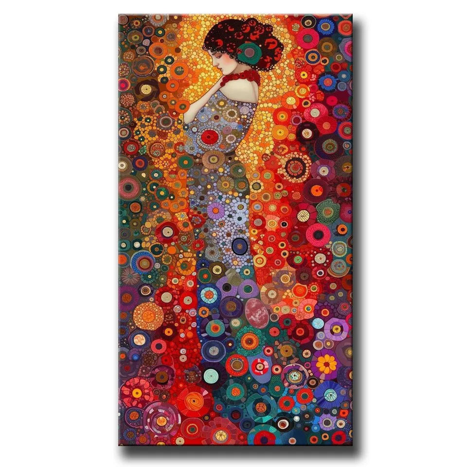 A diamond painting featuring a woman in a vibrant, colorful, abstract pattern inspired by Gustav Klimt.